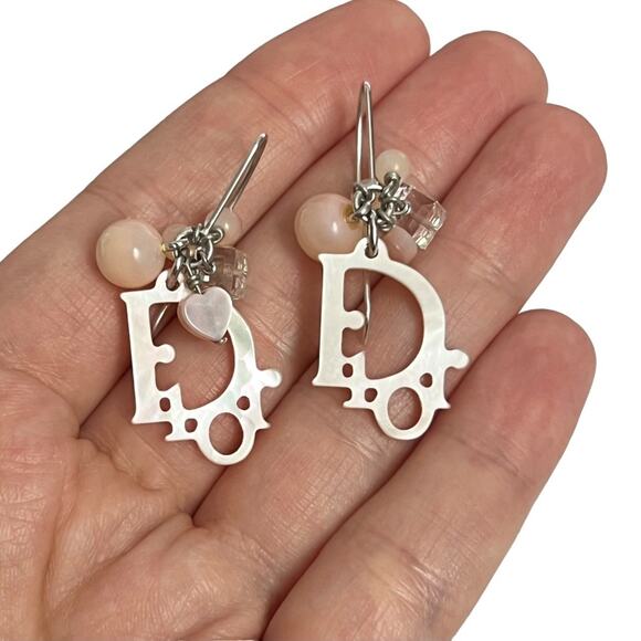 AUTH Christian Dior Rose Quartz Beaded Mother of Pearl Logo Hook Dangle Earrings - Picture 6 of 9